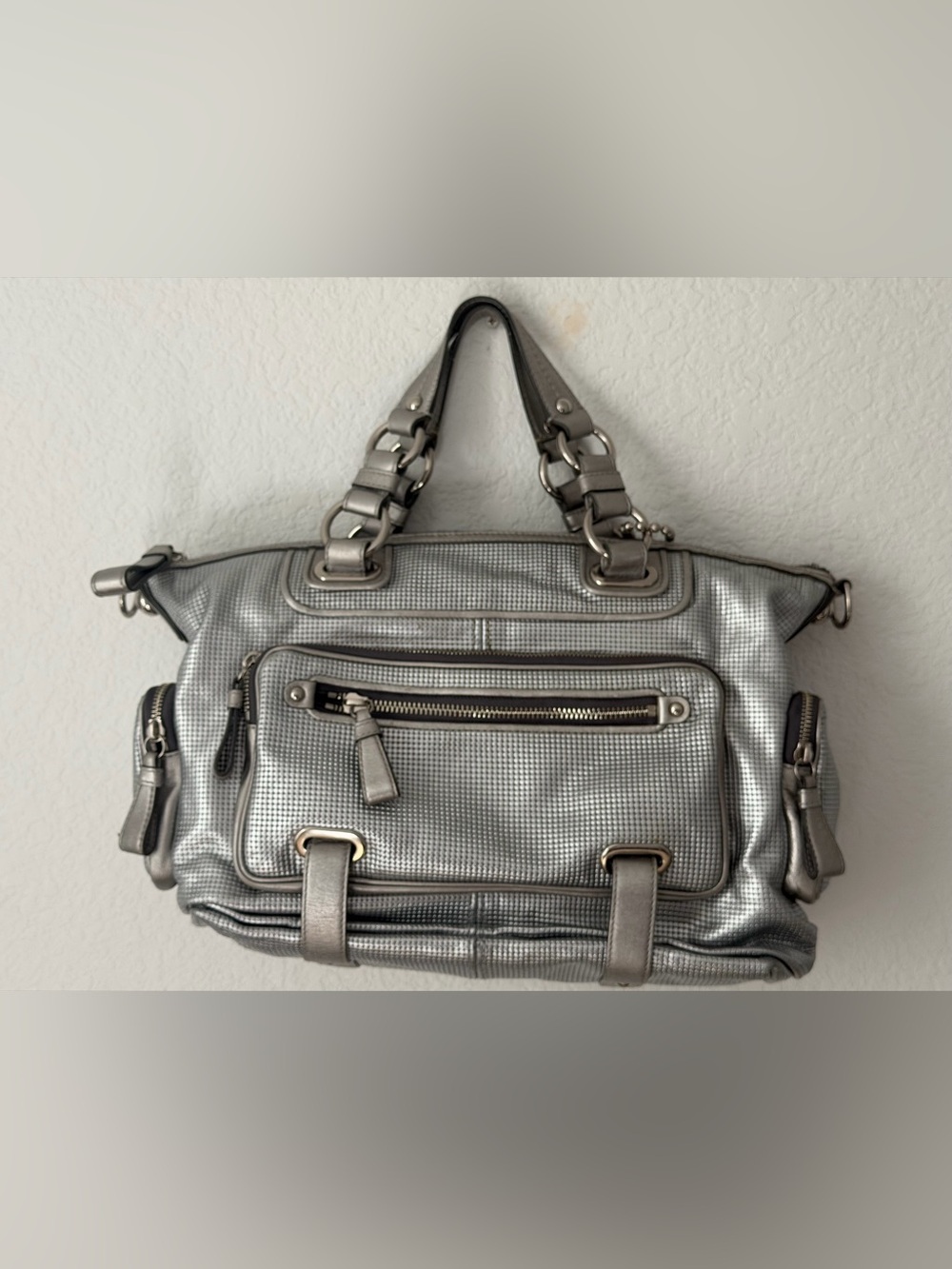 Coach Silver Textured Alexa Satchel Purse Handbag 14090 Metallic
